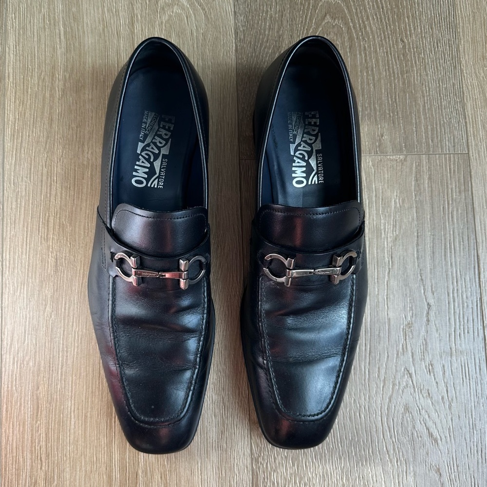 Men’s Salvatore Ferragamo Leather Loafer Shoe Flori 2 Stitched Black US 9.5